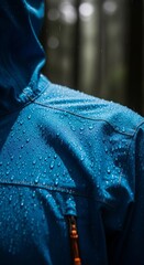 Fototapeta premium Close-up texture of a waterproof jacket, shimmering with fresh rain under the atmospheric, dim light of a dense, damp forest, precipitation, glistening, droplets