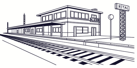 A black and white illustration of a train station with tracks and a sign reading rital on a pure © Mamun
