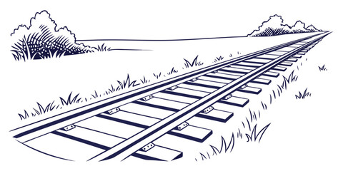 A black and white illustration of a railroad track with grass and trees in the background © Mamun