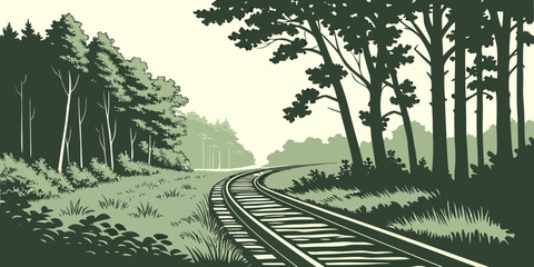 A serene landscape of a winding railroad track through a forest with tall trees and grass on both sides under a pale sky © Mamun