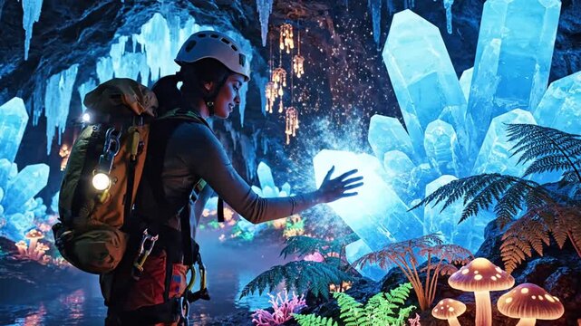 Woman exploring vivid crystal cavern