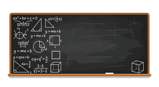 Blackboard with Mathematical Equations and Shapes.