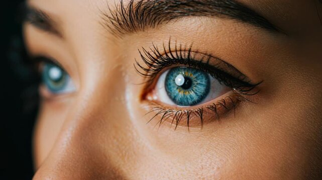 Intense Gaze: A close-up shot of a captivating azure eye, exquisitely detailed, conveying depth of emotion and a sense of profound observation. 