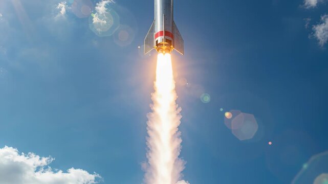 Rocket Ascent: A rocket streaks skyward against a vibrant blue sky, leaving a trail of fiery exhaust. The image evokes a sense of adventure, innovation, and the relentless pursuit of progress. 