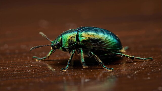 Emerald Beetle's Gleam: A stunning close-up reveals an iridescent beetle, its polished shell reflecting a spectrum of emerald and golden hues, showcasing the intricate beauty of nature's design.