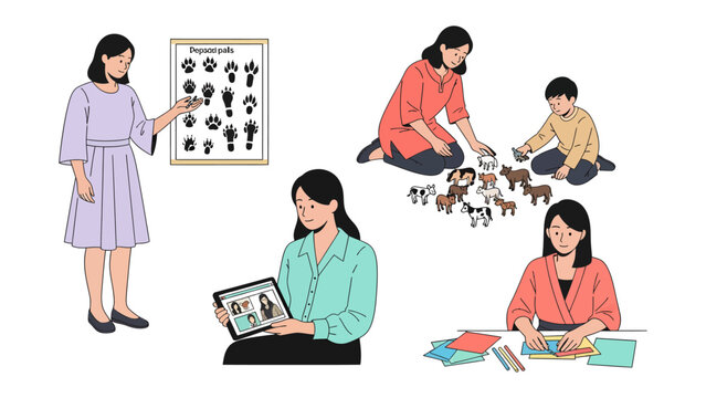 Diverse teaching scenarios: This image depicts a series of engaging scenes showcasing different teaching methodologies. The teachers interact with their students.