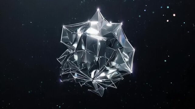 A transparent, faceted crystal form drifts through dark space, its sharp glass planes shimmering with starlight as it slowly rotates, scattering delicate reflections into the void.