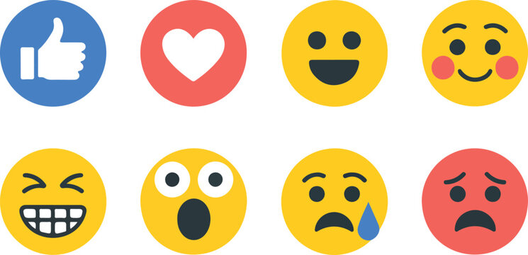social media reaction icons including thumbs up heart and various expressive emoji faces for digital communication