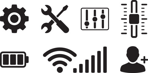 Fototapeta premium UX/UI Settings and System Control Symbols Vector Silhouette Icon Set for Prototyping
