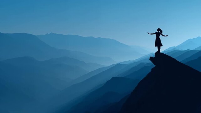 Silhouette on a mountain peak with layered blue ranges