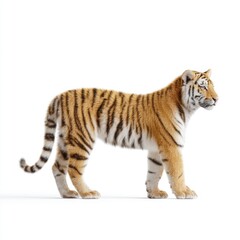 Fototapeta premium Realistic Standing Tiger on White Background, Isolated Animal with Stripes, Majestic and Powerful, Wild Nature Portrait, Beautiful Fur