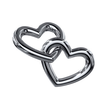 Silver Chrome Metallic 3D Linked Double Heart with Transparent Background, Glossy Y2K Love Icon