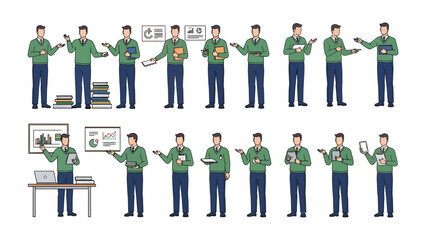 Presenting a Multitude of Roles: A collection of illustrations showcases a person, each depicting various roles, professions, and scenarios with diverse props.