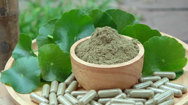 Centella asiatica (Gotu Kola), Gotu Kola powder, and Gotu Kola capsules: Organic health herbs.