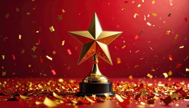 A golden star trophy standing on a red background, with confetti