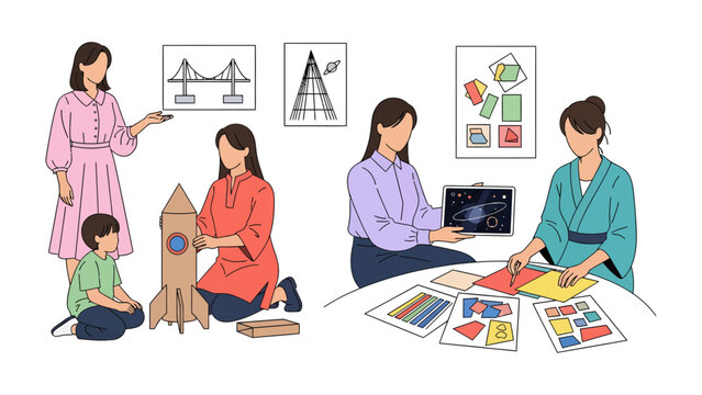 Creative Learning: Depicting a series of diverse individuals engrossed in hands-on activities, sparking curiosity and fostering skill development, and illustrating the beauty of knowledge