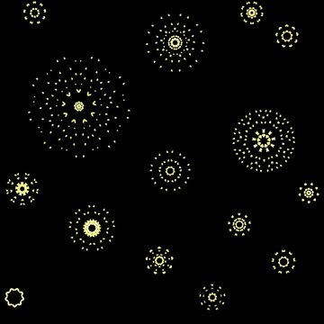 abstract golden mandala ornaments on black background.
A festive background featuring various sizes of golden-yellow circular mandala patterns and fireworks-like ornaments scattered across a solid bla