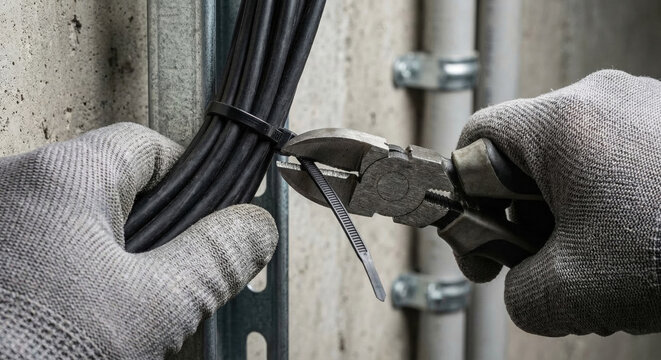 An electrician wearing work gloves cuts off excess cable ties on a thick cable bundle.