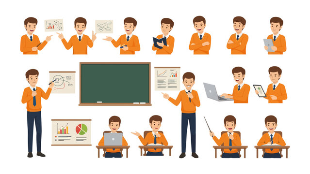 Presentation Set in the Classroom: An energetic instructor leads an interactive session, conveying diverse content through dynamic gestures and instructional props. 