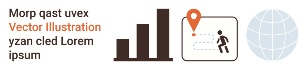 Obraz premium Business strategy, data analytics, technology, global communication, networking, navigation. Bar chart, location pin with person icon globe symbol. Data analytics and technology visual