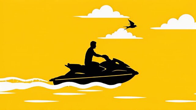 Silhouette of Person Speeding on Jet Ski with Dynamic Water Splash on Bold Yellow Background in Minimalist Style
