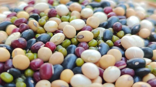 Close up Pile of five mixed beans. (soybean, azuki bean, mung bean, white kidney bean, black bean)
