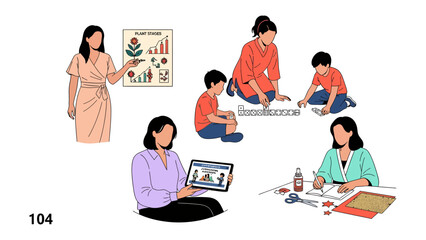 Education and Activity Illustration: Illustration depicts several women and children engaged in diverse activities, reflecting learning, creativity, and exploration.