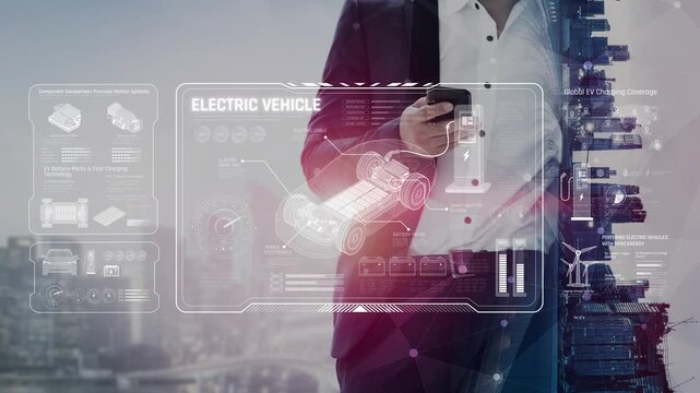 Technical layout of electric vehicle showing battery system, power control, traction motor, charging interface, and integration with renewable and smart energy sources Marrow