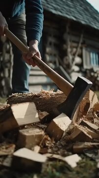 Man chopping wood with axe outside log cabin