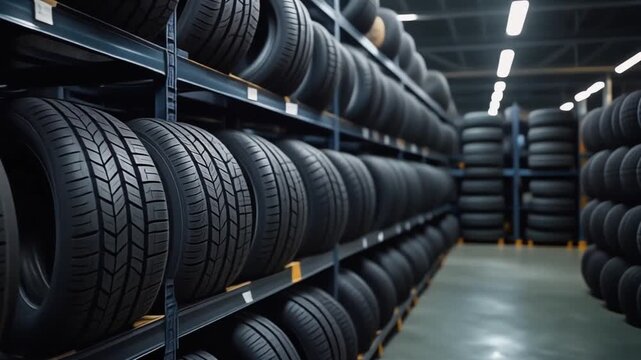 New tires neatly arranged on shelves in a large automotive warehouse.