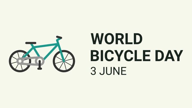World Bicycle Day greeting animation with green bicycle moving slowly. Black text on beige background, elegant horizontal motion graphic for June 3rd. Perfect for social media celebration
