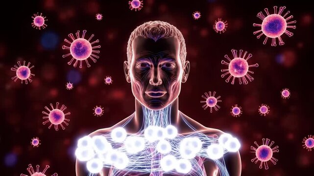 Exploring the human immune system with digital graphics showing interactions with pathogens in a lab setting