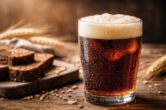Glass of refreshing, foamy Russian kvass beverage served with slices of rye bread and grains, illustrating traditional fermentation drink.