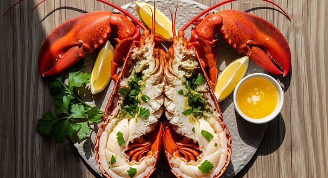 A beautifully presented lobster with fresh herbs and melted butter sauce. astice