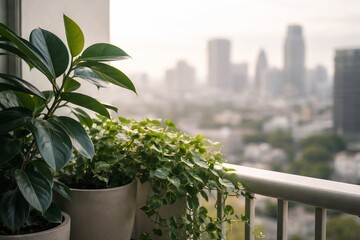 Fototapeta premium Potted plant on city balcony with blurred urban skyline background. Apartment terrace with greenery overlooking metropolis