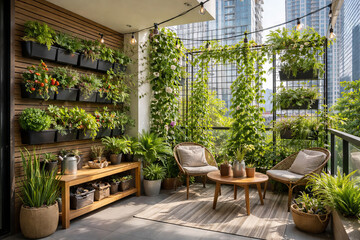 Fototapeta premium Cozy balcony garden with vertical wall planters and rattan chairs. Urban home oasis with lush plants, wooden furniture and string