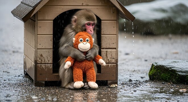 Monkey with plush toy in doghouse during rain, sad and seeking shelter, monkey, doghouse, rain, shelter