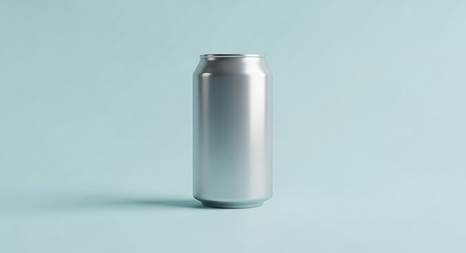 Shiny silver can standing on a light blue background. bierdose