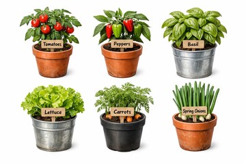 Fototapeta premium Set of vegetables and herbs in pots with labels. Tomatoes, peppers, basil, lettuce, carrots, spring onions in containers for gardening. Isolated on white background. Home organic garden food concept