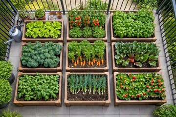 Fototapeta premium Vegetable garden in wooden planter boxes on balcony. Organic food growing in containers for home farming. Top view of urban agriculture with plants like tomato, carrot, lettuce, basil and onion