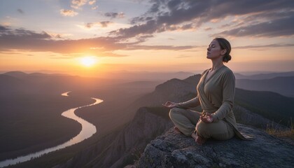 Obraz premium Woman meditates on a mountain cliff at sunrise, river valley and layered peaks fade into mist, calm mindful mood for wellness and travel themes
