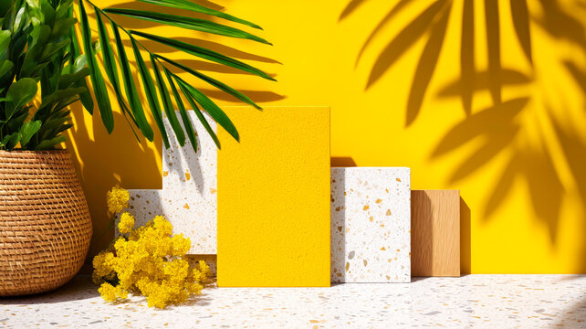 Modern Material Composition Mood Board with Mustard Yellow Black Wood and Terrazzo