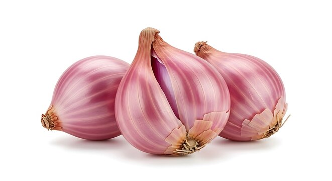 Three fresh red shallots displayed against a plain background. echalotte