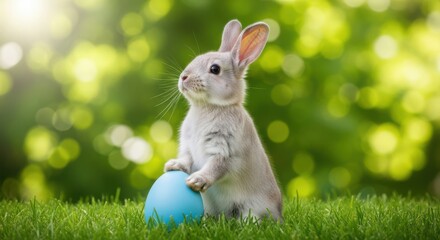 Fototapeta premium A white rabbit standing on green grass holding a blue Easter egg in a sunny outdoor setting