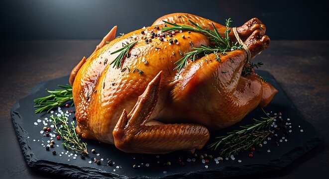 Golden roasted chicken with fresh herbs on a dark plate. indyk
