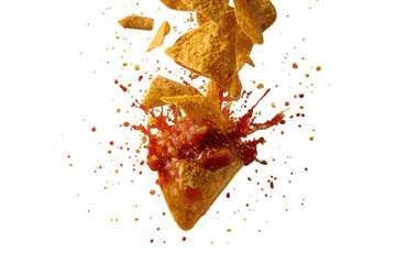 Fototapeta premium Tortilla chips falling into a bursting salsa dip, creating a dynamic splash of spicy flavor on transparent background