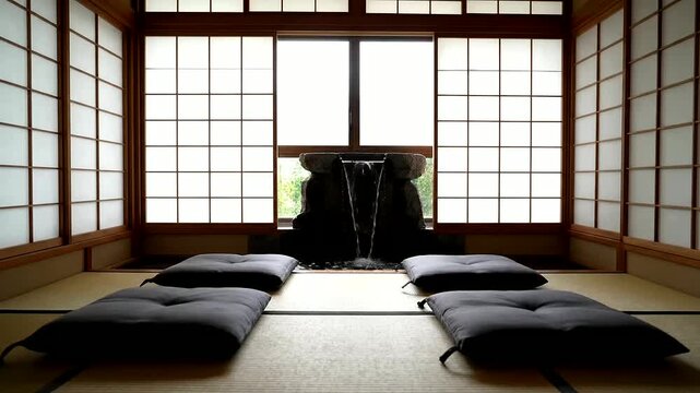 Experience the synergy and contemplative Shared Workspace Dynamics within a  designed traditional Japanese room, individual cushions, tatami mats, and soothing water for relaxation mindfulness.