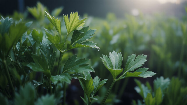 Fresh green celery plants with dew drops in a garden or farm field outdoors