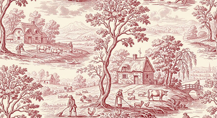 Vintage Toile Pattern with Rural Countryside Scene.