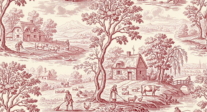 Vintage Toile Pattern with Rural Countryside Scene.